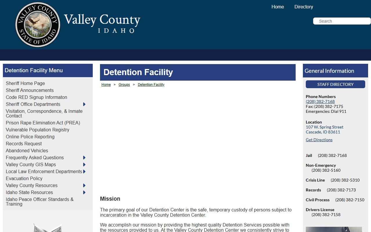 Valley County Jail inmate lookup detention facility page