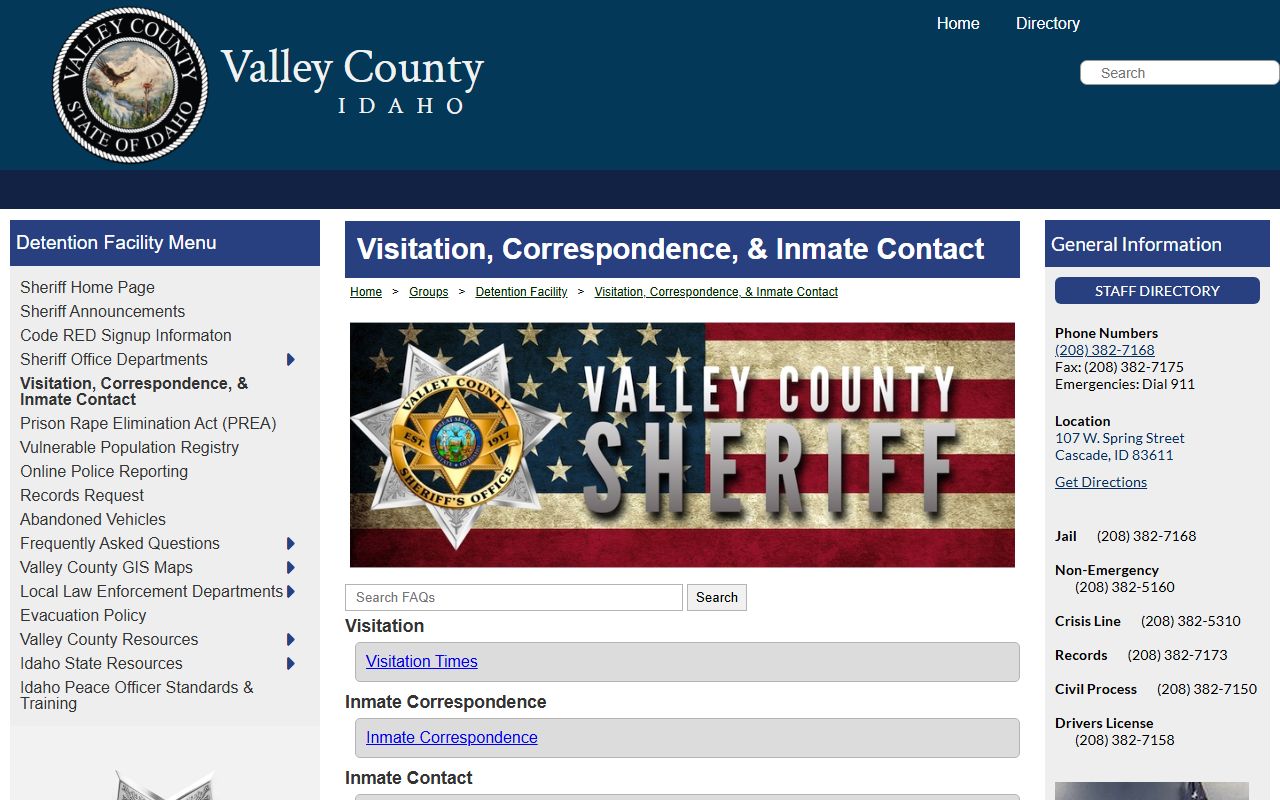 Valley County Jail visitation mail and inmate contact rules