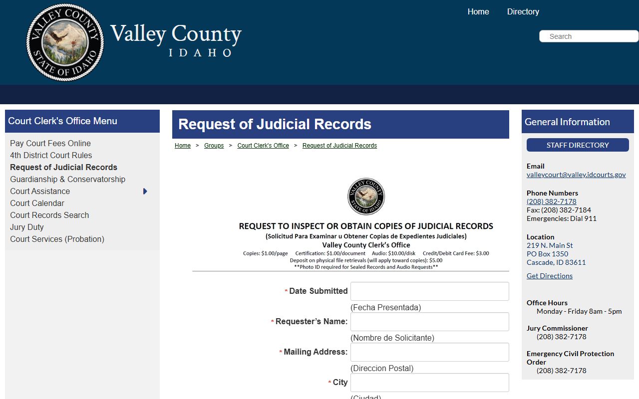 Valley County court records after jail arrest judicial records request form