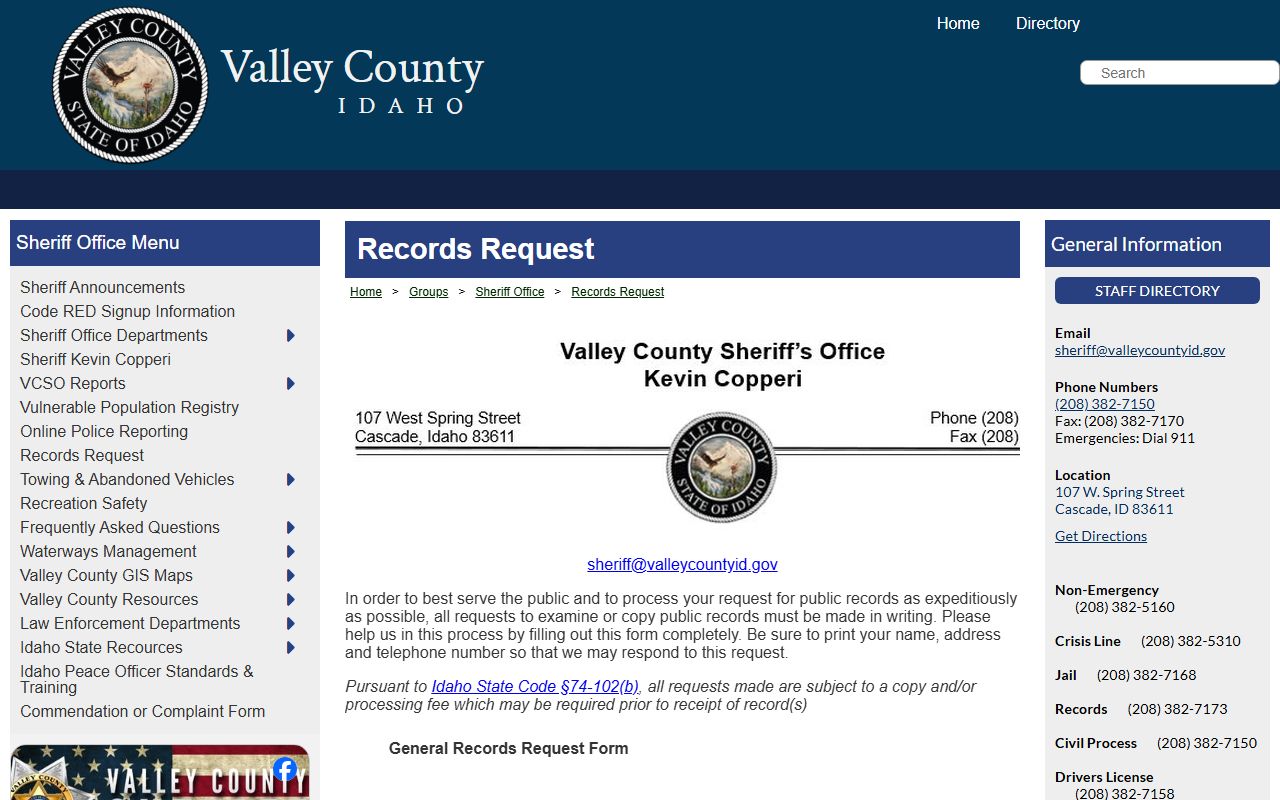 Valley County inmate records sheriff public records request form